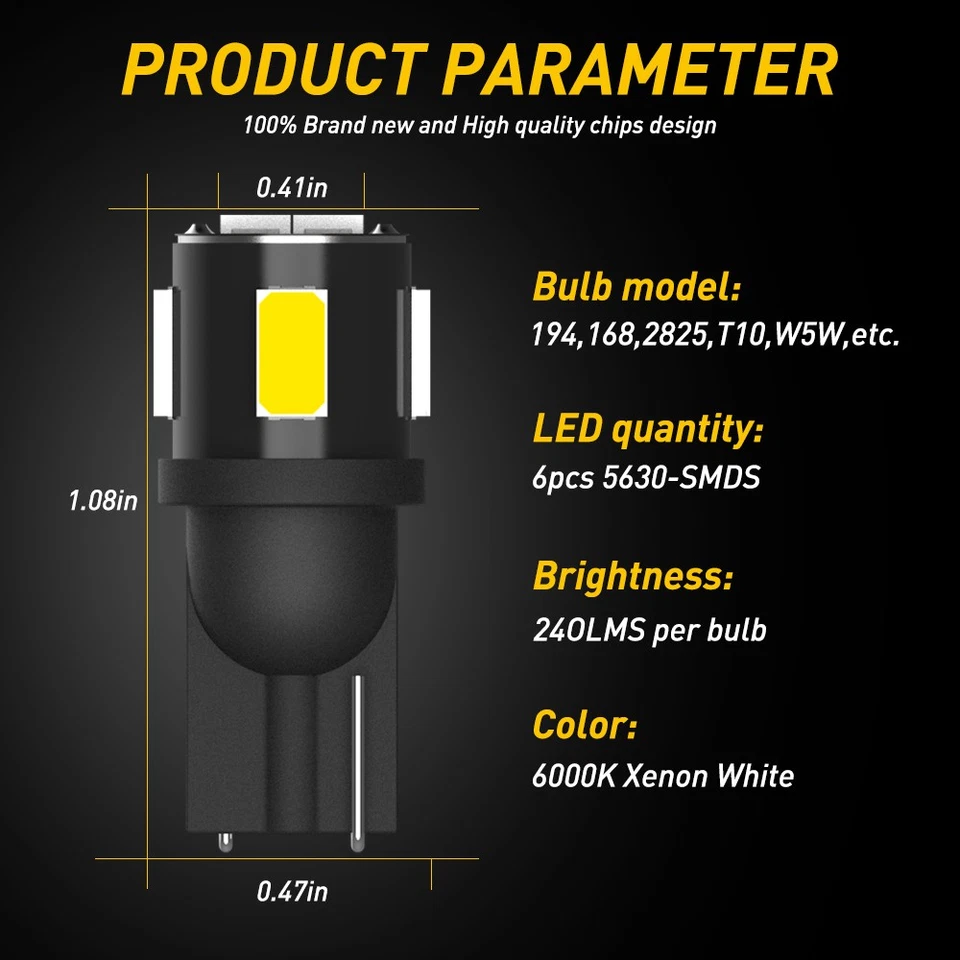Автомобильные лампы T10 без ошибок светодиодные CANBUS SMD белые ксеноновые w5w 501 2825 подсветка салона - Изображение 4 из 4