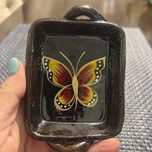 Small Hand Painted Trinket Dish Clay Pottery Butterfly Tray w/Handles Terracotta