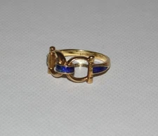 Vintage 18k Gold Blue Enamel Snaffle Bit Horse Bridle Ring Sz 6.5 Made in Italy