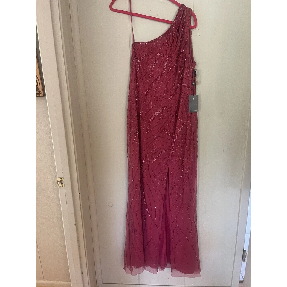 Vestido largo ADRIANNA PAPELL con cuentas rojo carmesí manga drapeada un hombro nuevo con etiquetas 14 Foto 4 de 4