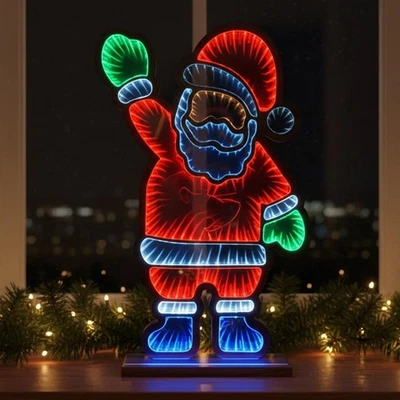 ALMINEEZ Christmas 3D LED Infinity Mirror Lamp Double-Sided Santa Light Wooden Base 60cm