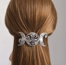 LARGE SILVER TRIPLE MOON HAIR CLIP TRISKELE CELTIC KNOT HAIR SLIDE PAGAN WITCHY