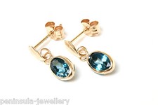 9ct Gold London Blue Topaz drop Earrings Gift Boxed Made in UK 
