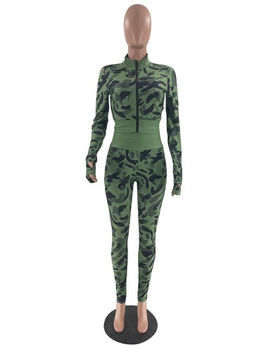 Womens Camouflage Print 2Pcs Outfits Long Sleeve Bodycon Pants Set Casual Sports - Bild 9 von 22