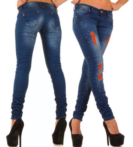 Jeans donna pantaloni denim strappi colorati pants elasticizzati moda casual  | eBay