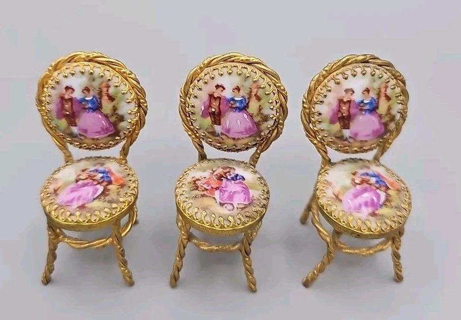 Mesa y sillas muebles miniatura para casa de muñecas Jean Feuillade Limoges Francia 4 piezas Foto 3 de 4