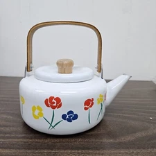 Vintage Himark Tea Kettle Retro Yellow Flowers Enamel  Wood Handle 