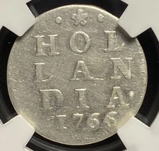 NETHERLAND 1766 AD Holland Dutch Colonial Era, Silver 2 Stuivers 2S Coin, NGC XF