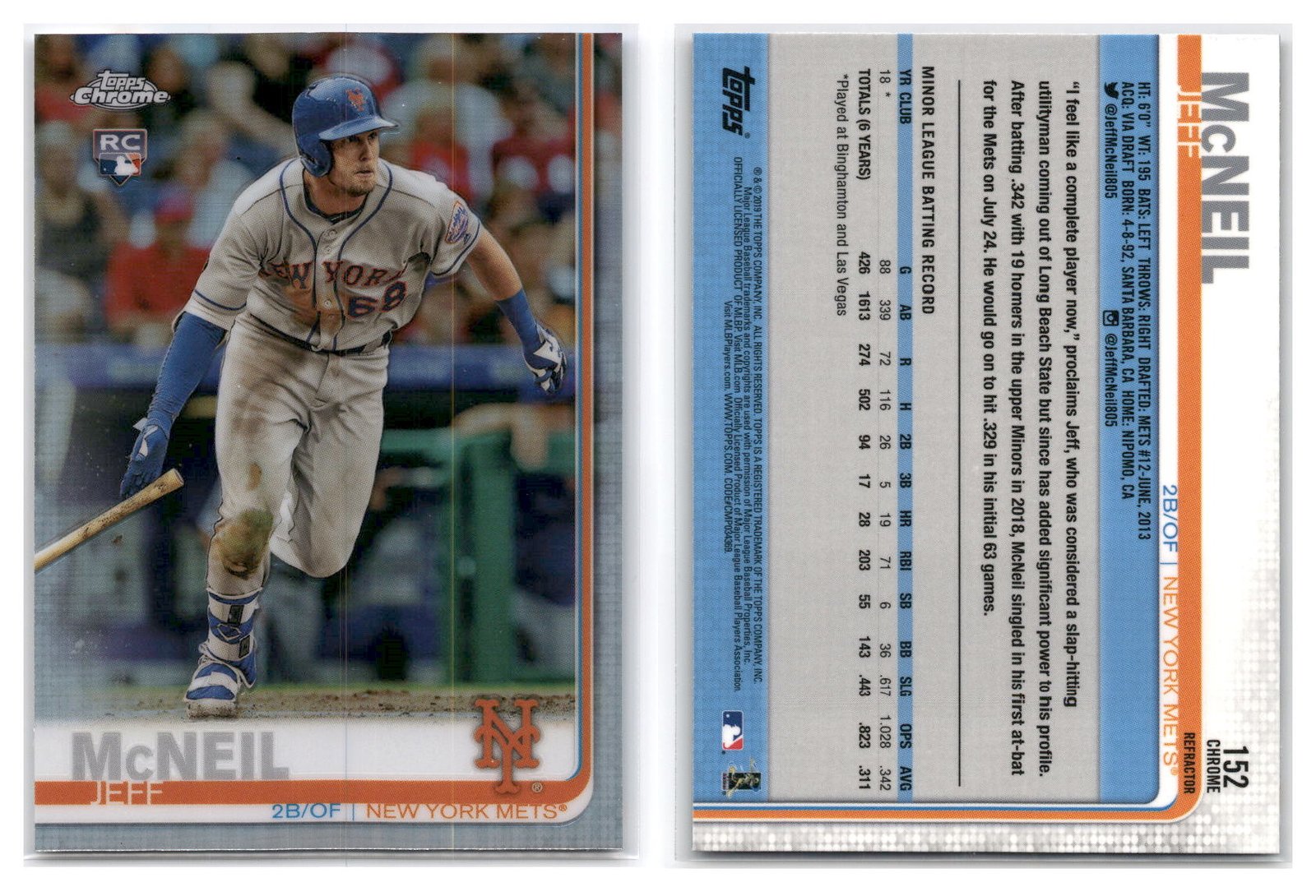2019 Topps Chrome Refractor #152 Jeff McNeil RC - New York Mets