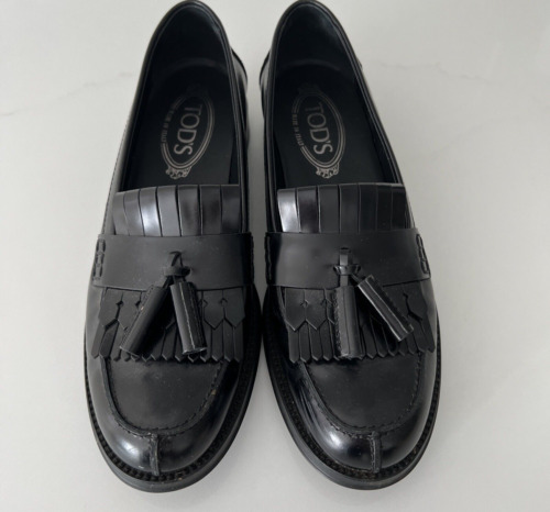 Tod's Black Leather Tassel Loafers Size 38 - image 1