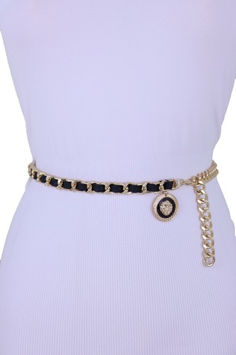 Women Gold Metal Chain Black Lion Thin Belt Fancy Fashion Hip High Waist XS S M - Picture 7 of 9