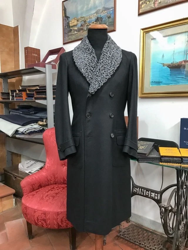 Abrigo largo negro para hombre cuello de piel de lana ganador pesado exterior uso cálido chaquetas Foto 2 de 4