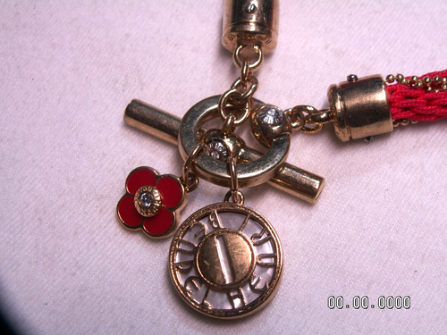 HENRI BENDEL Gold Tone,Red Cord,Enamel,Crystals Charms Bracelet - Picture 7 of 8