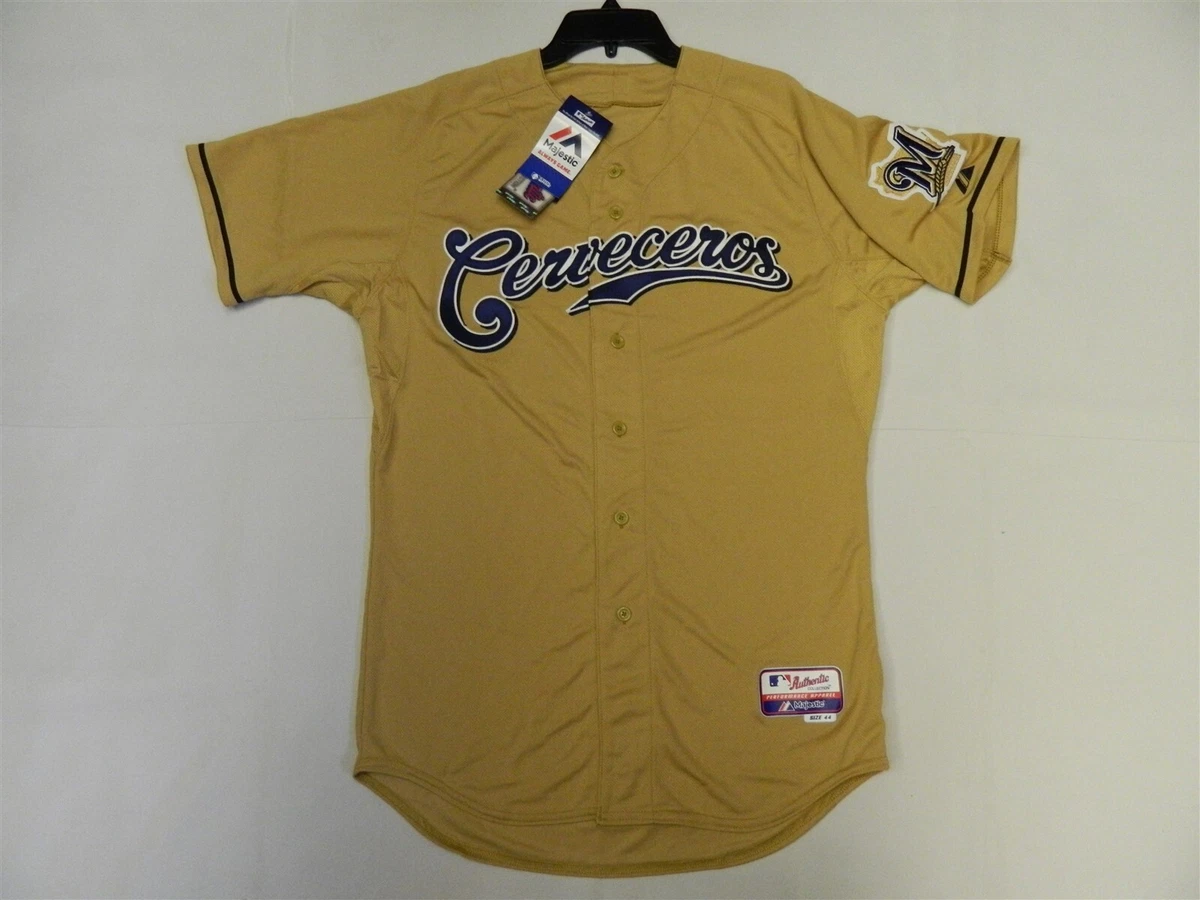 Authentic Milwaukee Brewers Cerveceros Gold Cool Base Jersey RARE! 48