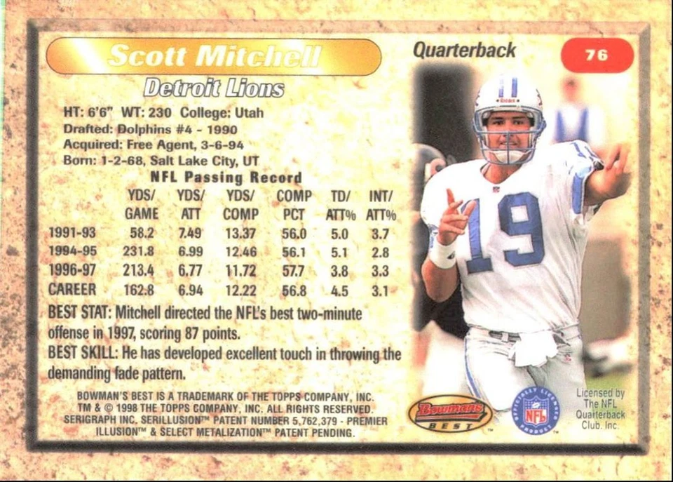 1998 Bowman's Best Scott Mitchell Detroit Lions #76 - Image 2 of 2