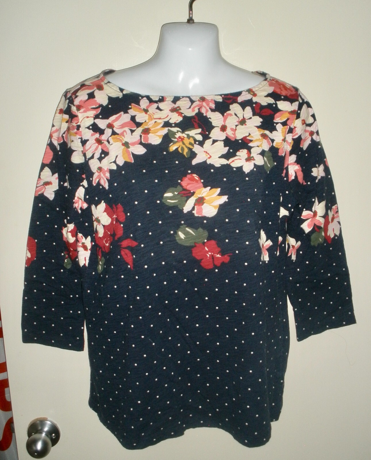 Lands End Misses Floral Navy Blue Stretch Knit Pullover Shirt Size M