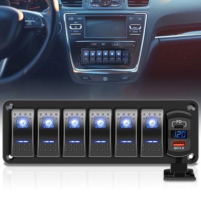 RVZONE 6 Gang 5 Pin Marine Boat Rocker Switch Panel with DC 12-24V LED Voltmeter