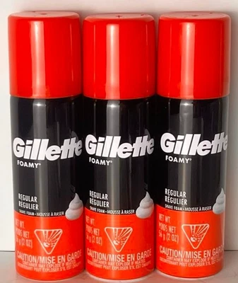 Lot 3-Pack Gillette Foamy Regular Shaving Foam, 2 oz Travel Size - USA Import