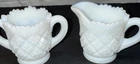 Vintage Milk Glass Creamer Sugar Bowl Set Quilted Diamond Scalloped Rim