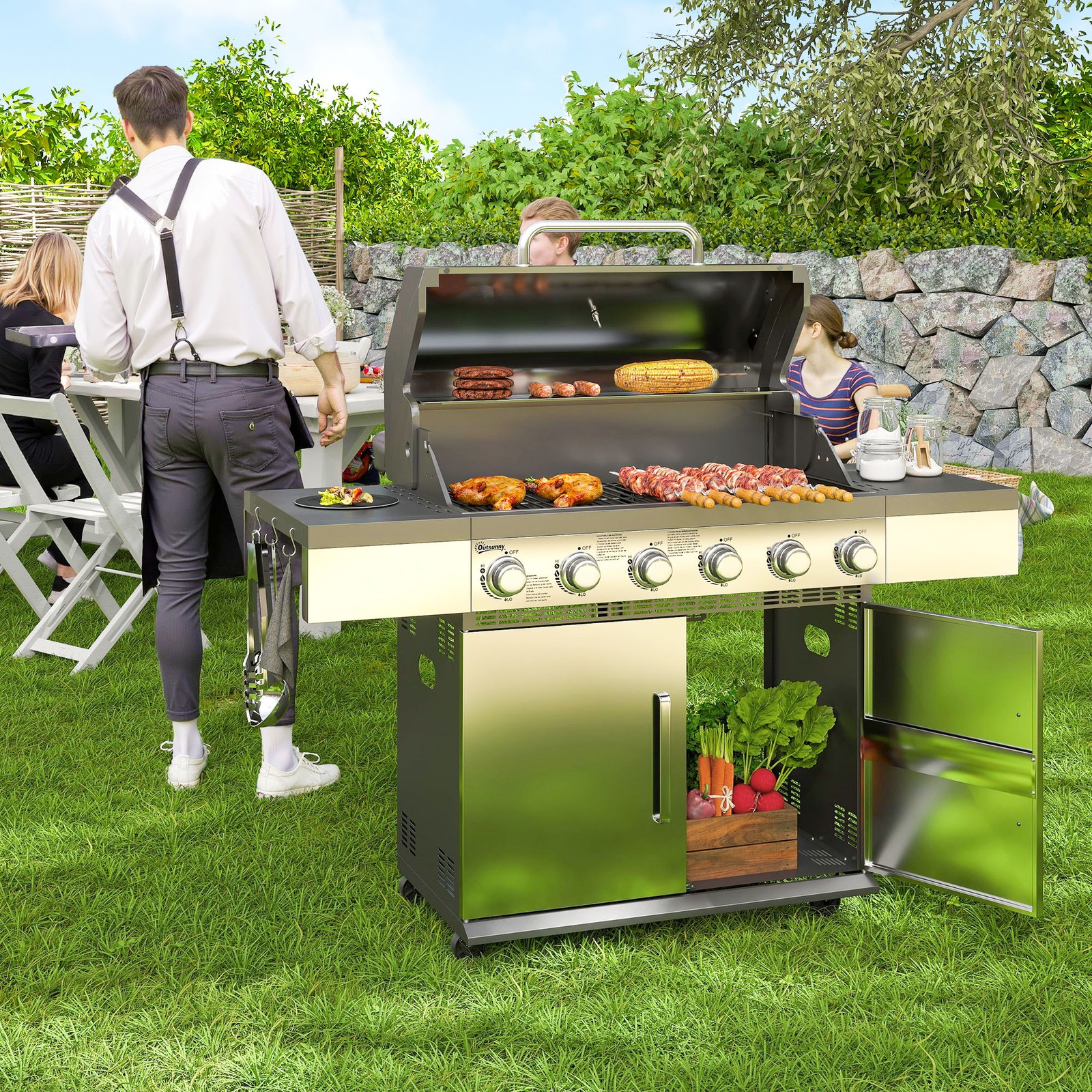 Gasgrill 8500BTU Grillwagen inkl 6 Edelstahl-Brenner Rolle Thermometer Silber