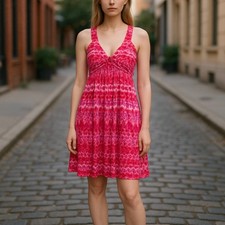 Calvin Klein Sz 6 Electric Pink Patterned Ruched Sleeveless Dress NWT