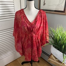 Metro 7 Womens Tunic 18W Red Beaded Sequin Bat Wing Y2K Fairy Boho Festival