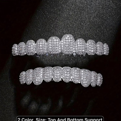 Adjustable Top & Bottom Dental Grillz Cubic Zirconia Hook Silver/Gold Tone