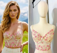 VTG Victoria  s Secret Size 36D Ivory Pink Floral Corset Bustier Boned 1999 Y2K