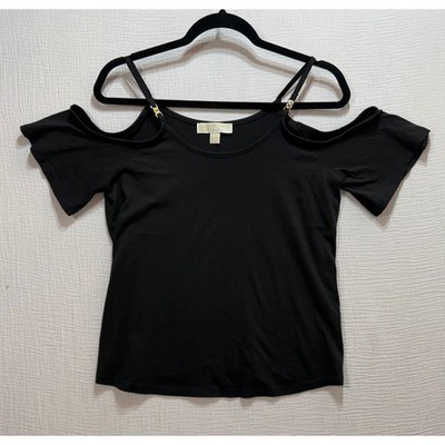 Michael Kors Cold Shoulder Top Womens Small Black Gold Chain Accent Short Sleeve
