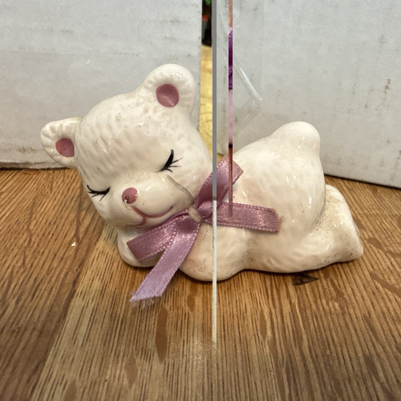 Avon Ceramic Bear Figurine White Pink Ribbon Painted Glossy Small 1985