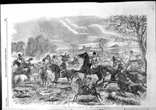 Old Antique Print Hunting Holidays John Leech Adults Children Ponies 1855 19th