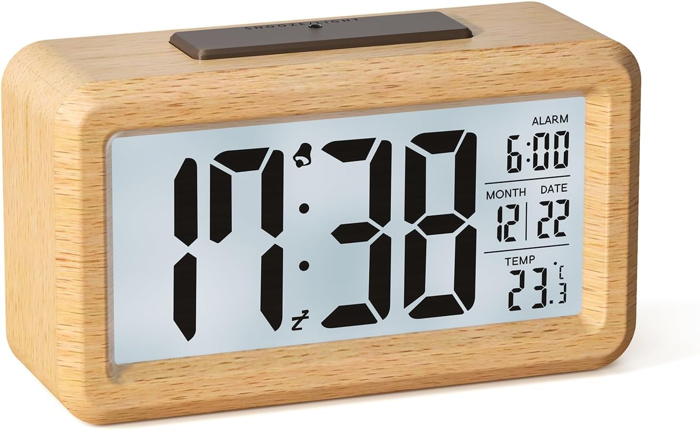 Alarm Clock, Digital Alarm Clock Battery Wooden with Temperature, Date, Light Se
