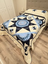 New Amish Split Star Quilt Blue  Ivory 107x119 Hand Quilted