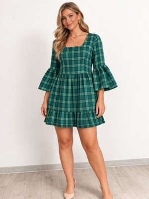 IVY CITY CO Clara Dress New Plaid 10 Green Tiered Ruffle Square Neck Bell Sleeve