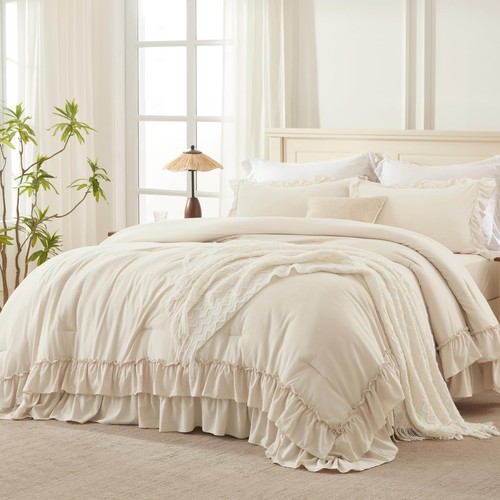 Beige Queen Comforter Set, 3 Pieces Soft Lightweight Fluffy Solid Ruffle Bedd...