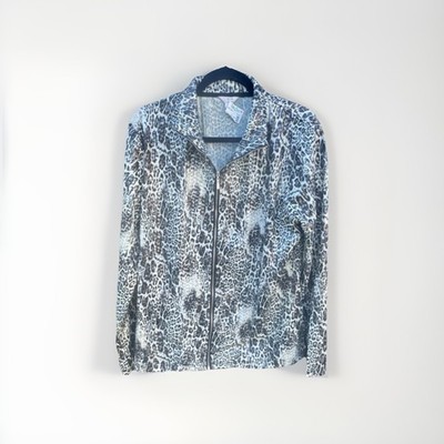 Erin by Erin London XL Blouse Animal Print Gray Black Zip Collared Long Sleeve