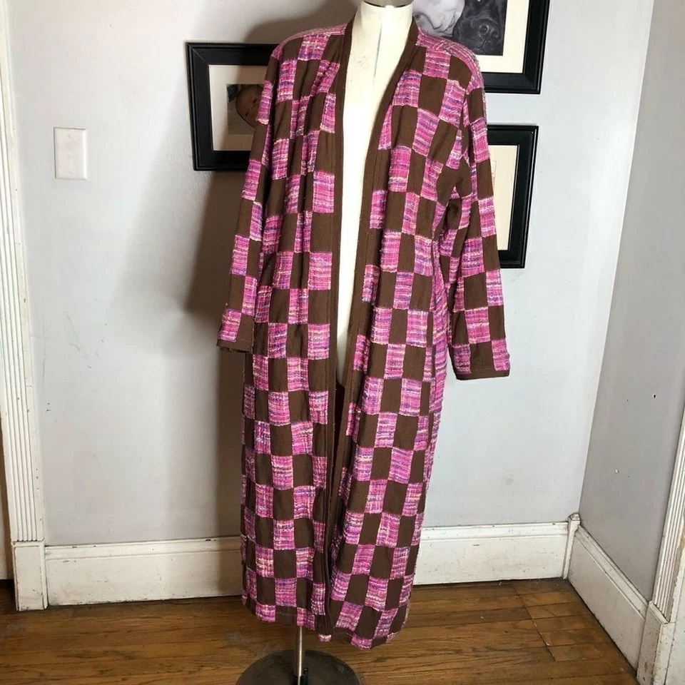Vintage MOLATO Silk Pink Tweed Patchwork Hippie 70s Maxi Dress Duster Jacket - Image 4 of 4