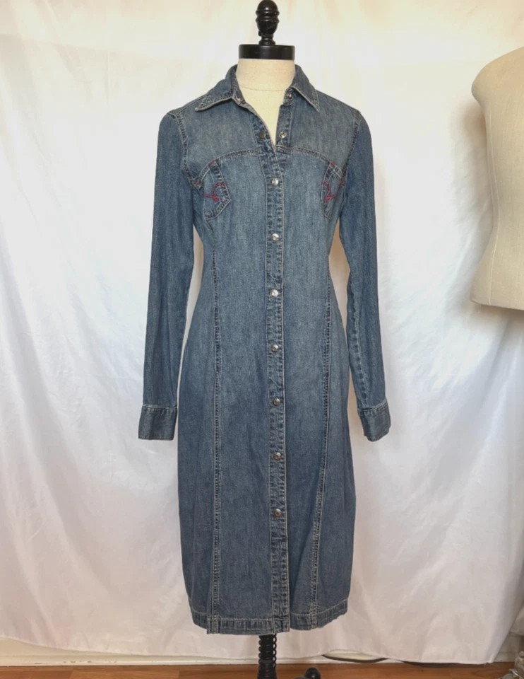 VTG Guess Western Denim Snap Front Midi Long Sleeve Dress M Stretchy Y2K - Image 2 of 4