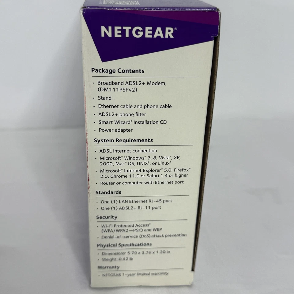 NETGEAR DM111PSPv2 Broadband ADSL2+ DSL Modem with Filter Splitter Stand Cables - Image 2 of 4