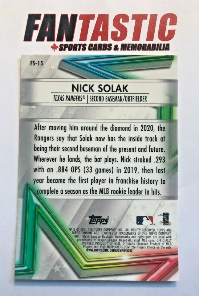 2021 Topps Chrome FUTURE STARS Insert Card FS-15 Nick Solak Texas Rangers - Image 2 of 2