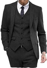 Men's Gray Wool Herringbone Tweed Check Vintage Prom Groom Tuxedo Wedding Suit