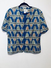 Vintage 90s Papell Boutique Womens Size 14 Button Up Short Sleeve Silk Blouse