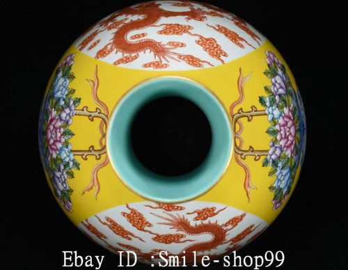 18" Old China Yellow Colour Enamel Porcelain Gild Dragon Bat Flower Bottle Vase - Picture 7 of 9