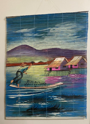 Vintage Asian Bamboo Screen Art Wall Decor Colorful Hand Painted 