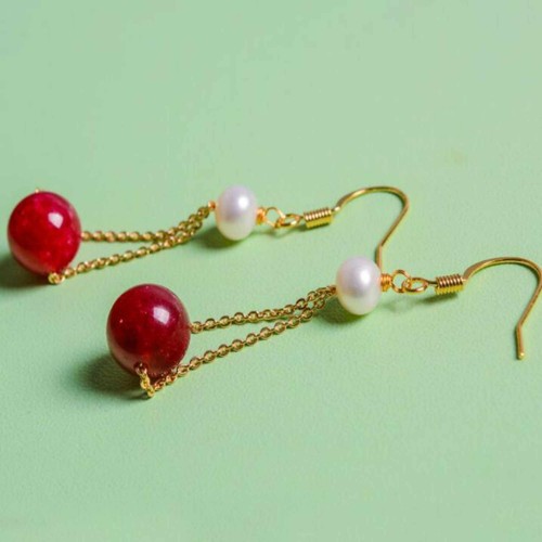 Mode Natur Weiß Runde Perle Rot Jade 14K Gold Ohrringe Minimalistisch Maßgeschneidert - Bild 4 von 5