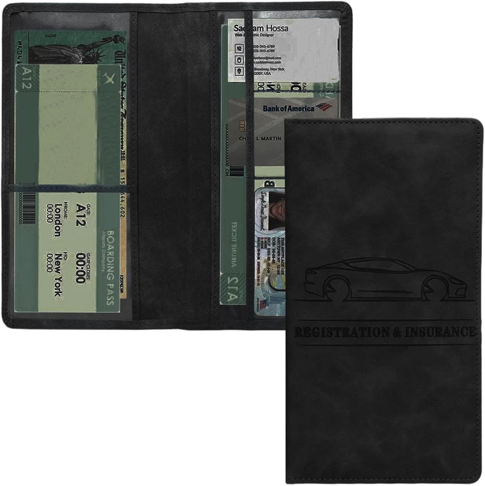 Soporte de cuero premium para registro y seguro de automóvil para documentos de vehículos Foto 2 de 4