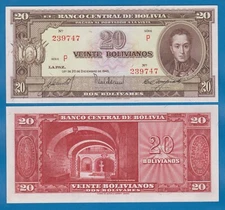 Bolivia 20 Bolivianos P 140a Law of 1945 UNC Series "P"  ( P 140 a )