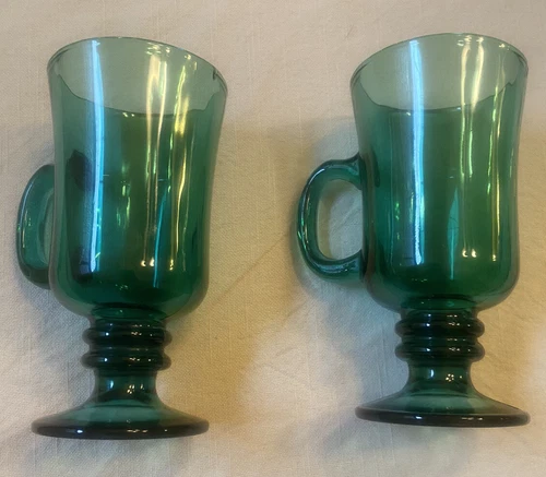 2 Vintage Libbey Juniper Green Glass Irish Coffee Mugs Glasses EUC