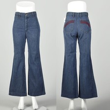 Small 1970s Jeans High Waisted Hippie Bell Bottoms Embroidered Pockets VTG 70s