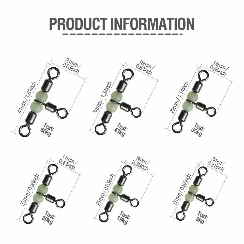 20/50/100 Pcs 3-Way Fishing Swivel Connector T-Turn Swivels Bass Luminous Beads - Image 4 of 4